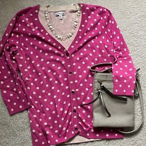 croft & barrow small Pink Polka Dot Cardigan with Cream Dots